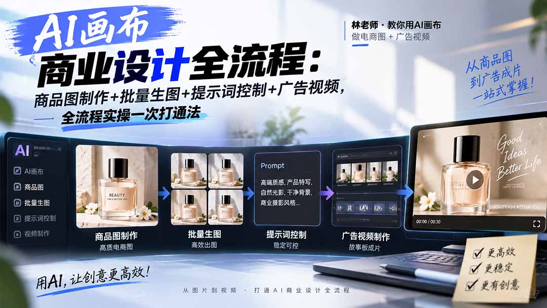 (20576期)AI画布商业设计全流程:商品图制作+批量生图+提示词控制+广告视频,全流程实操一次打通法