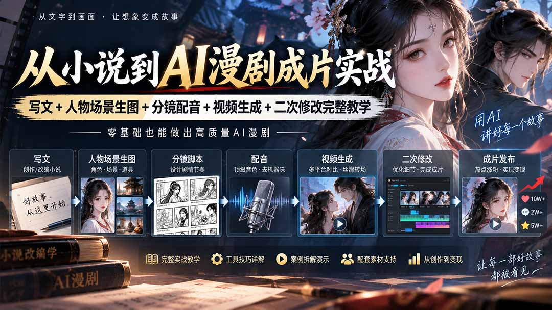 (20577期)从小说到AI漫剧成片实战:写文+人物场景生图+分镜配音+视频生成+二次修改完整教学