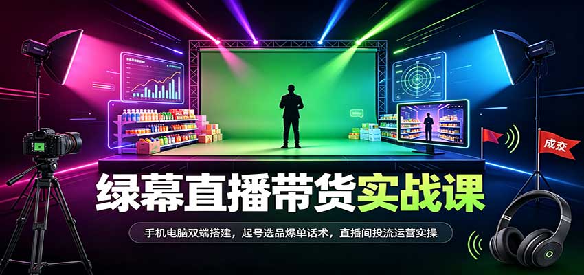 绿幕直播带货实战课:手机电脑双端搭建,起号选品爆单话术,直播间投流运营实操