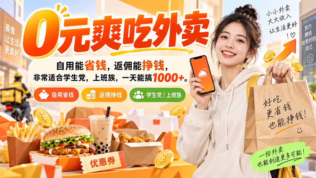 (20310期)0元爽吃外卖,自用能省钱,返佣能挣钱,非常适合学生党,上班族,一天能搞1000+