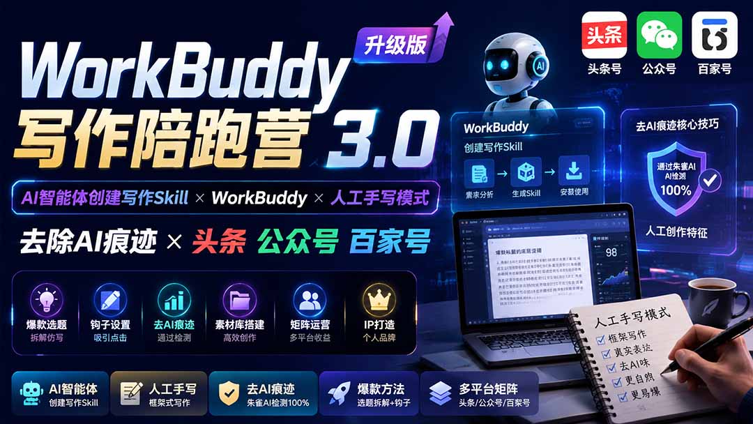 (20312期)WorkBuddy写作陪跑营3.0-更新:Ai智能体创建写作Skill×WorkBuddy×人工手写模式×去除AI痕迹×头条公众号百家号