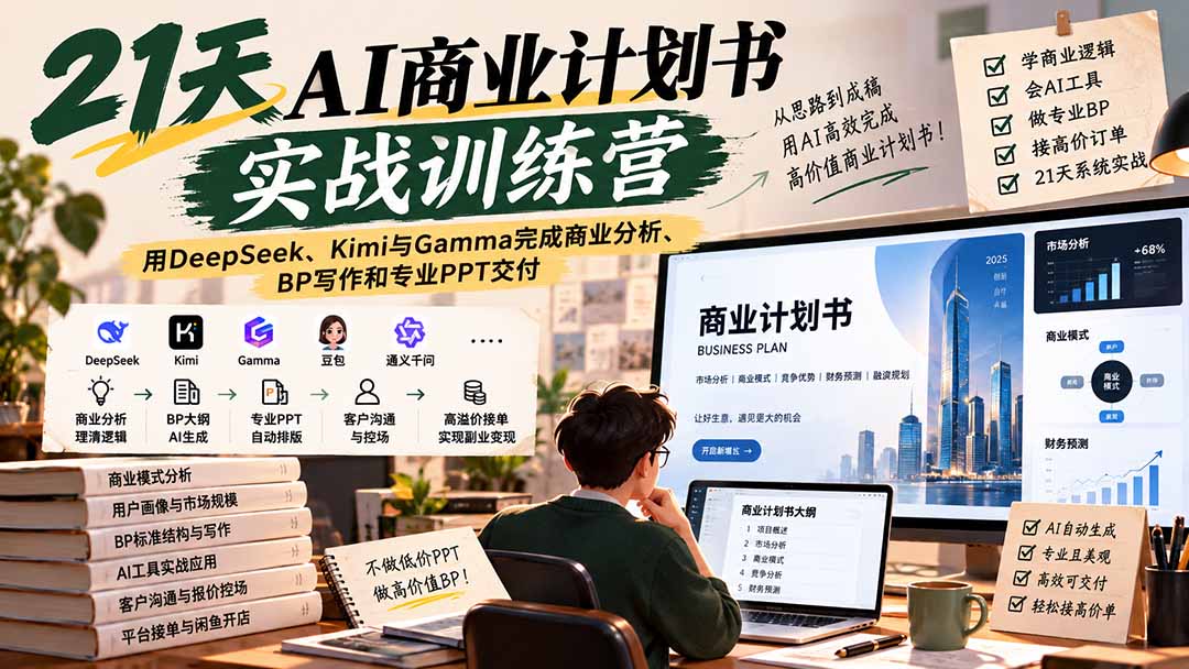 （20637期）【无水印】21天AI商业计划书实战训练营：用DeepSeek、Kimi与Gamma完成商业分析、BP写作和专业PPT交付