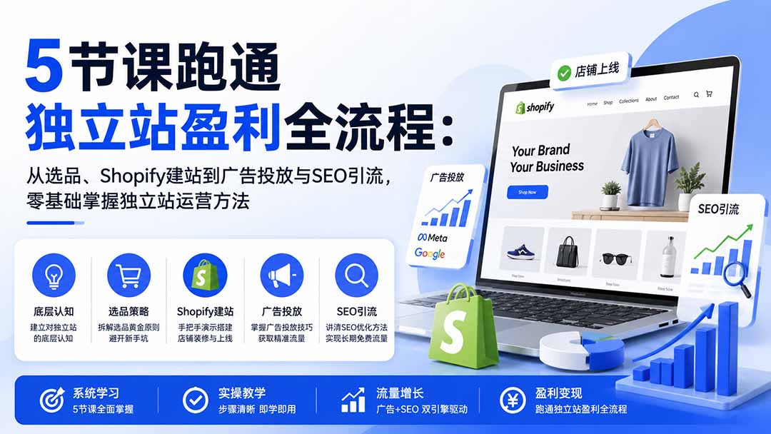 （20216期）5节课跑通独立站盈利全流程：从选品、Shopify建站到广告投放与SEO引流，零基础掌握独立站运营方法