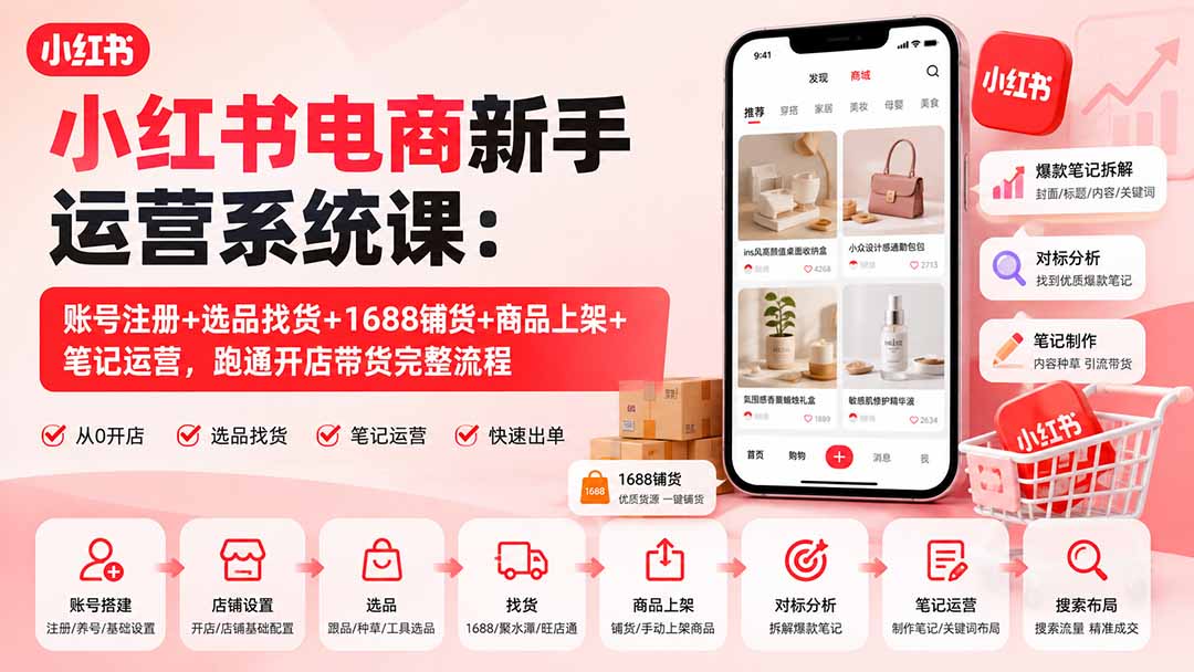 （20219期）小红书电商新手运营系统课：账号注册+选品找货+1688铺货+商品上架+笔记运营，跑通开店带货完整流程