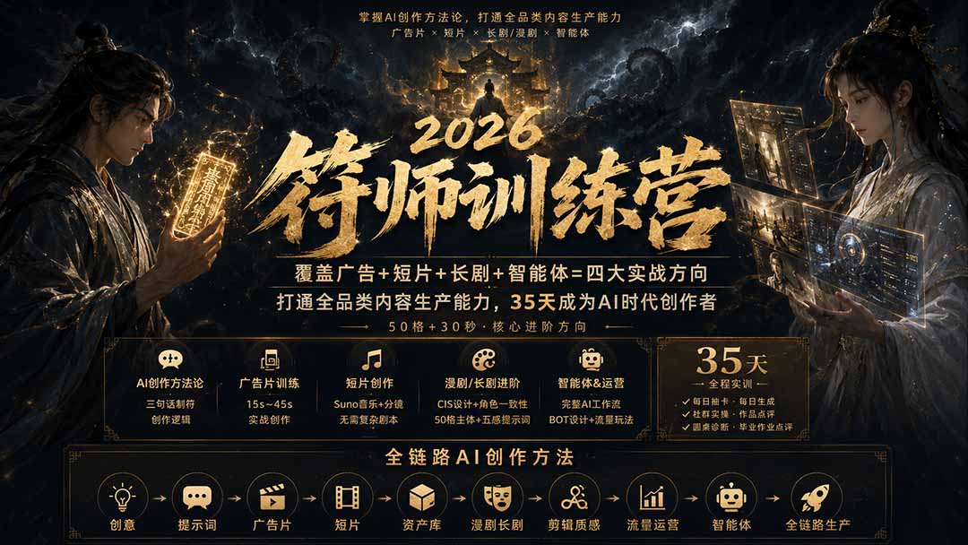 （20186期）符师训练营-35天成为AI时代创作者，广告+短片+漫剧+智能体四大实战方向，掌握从创意到上线的完整工作流