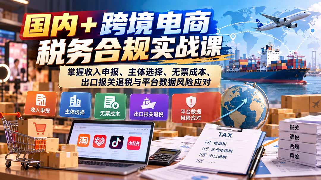 （20686期）国内+跨境电商税务合规实战课：掌握收入申报、主体选择、无票成本、出口报关退税与平台数据风险应对