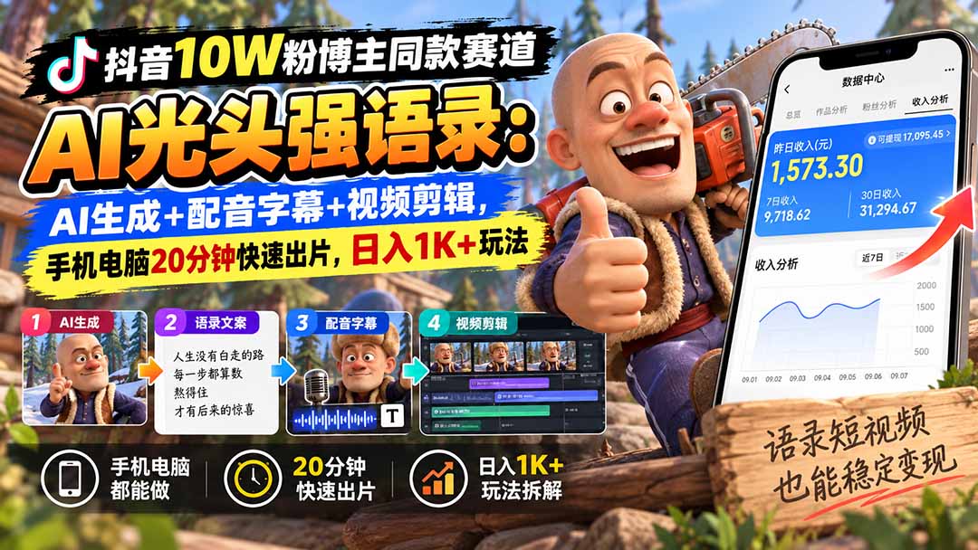 （20687期）【无水印】抖音10W粉博主同款赛道AI光头强语录：AI生成+配音字幕+视频剪辑，手机电脑20分钟快速出片，日入1K+玩法
