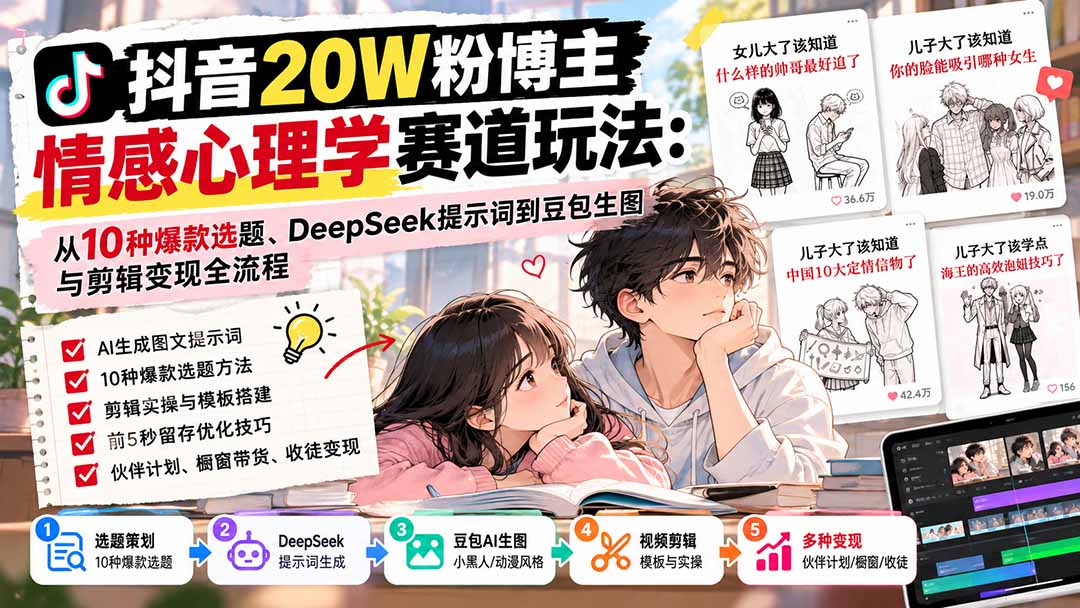 (20688期)抖音20W粉博主-情感心理学赛道玩法:从10种爆款选题、DeepSeek提示词到豆包生图与剪辑变现全流程