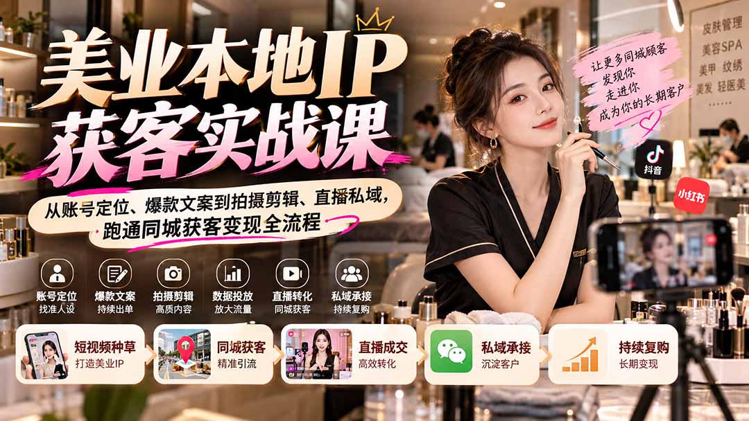 （20640期）【无水印】美业本地IP获客实战课：从账号定位、爆款文案到拍摄剪辑、直播私域，跑通同城获客变现全流程