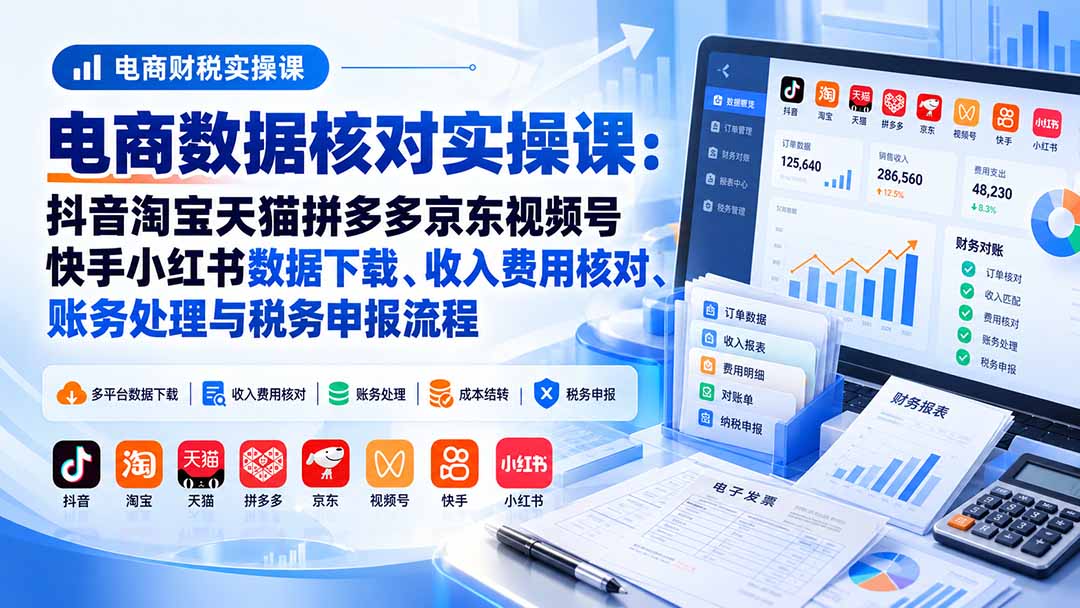 (20723期)电商数据核账实操课:抖音淘宝天猫拼多多京东视频号快手小红书数据下载、收入费用核对、账务处理与税务申报流程