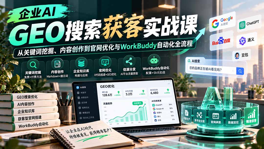 (20643期)企业AI GEO搜索获客实战课:从关键词挖掘、内容创作到官网优化与WorkBuddy自动化全流程