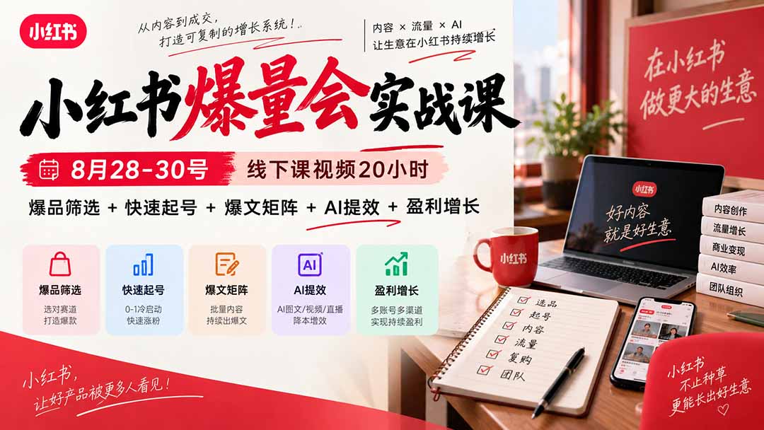 （20617期）小红书爆量会实战课-更新9月23：线下课视频20小时，爆品筛选+快速起号+爆文矩阵+AI提效+盈利增长