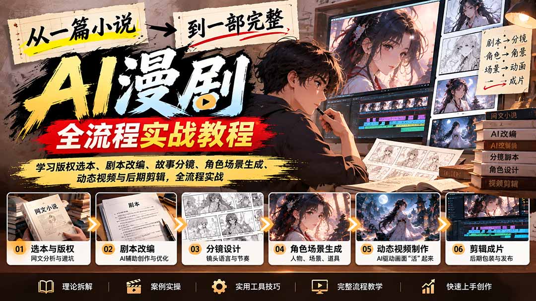 （21262期）从一篇小说到一部完整AI漫剧：学习版权选本、剧本改编、故事分镜、角色场景生成、动态视频与后期剪辑