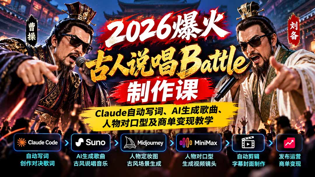 (21059期)2026爆火古人说唱Battle制作课:Claude自动写词、AI生成歌曲、人物对口型及商单变现教学