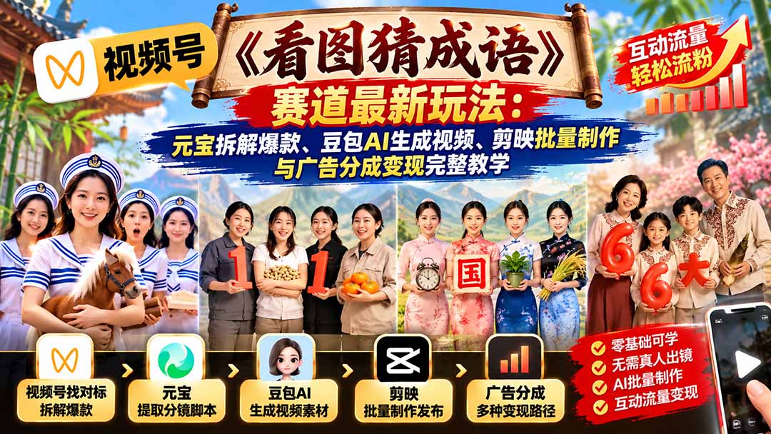 (21060期)视频号《看图猜成语》赛道最新玩法:元宝拆解爆款、豆包AI生成视频、剪映批量制作与广告分成变现完整教学