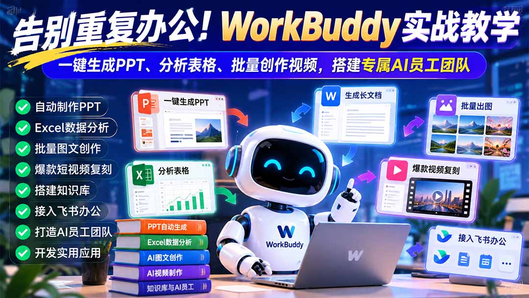 (21152期)告别重复办公!WorkBuddy实战教学:一键生成PPT、分析表格、批量创作视频,搭建专属AI员工团队