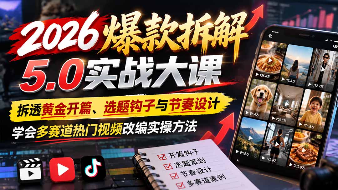 （21110期）2026爆款拆解5.0实战大课：拆透黄金开篇、选题钩子与节奏设计，学会多赛道热门视频改编实操方法