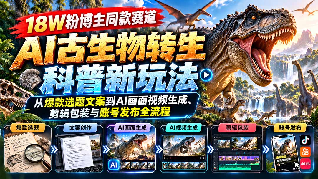 (20833期)18W粉博主同款赛道-AI古生物转生科普新玩法:从爆款选题文案到AI画面视频生成、剪辑包装与账号发布全流程