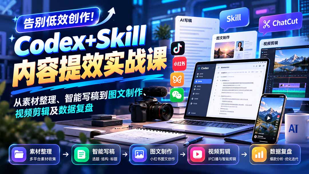 (20915期)【无水印】告别低效创作!Codex+Skill内容提效实战课:从素材整理、智能写稿到图文制作、视频剪辑及数据复盘