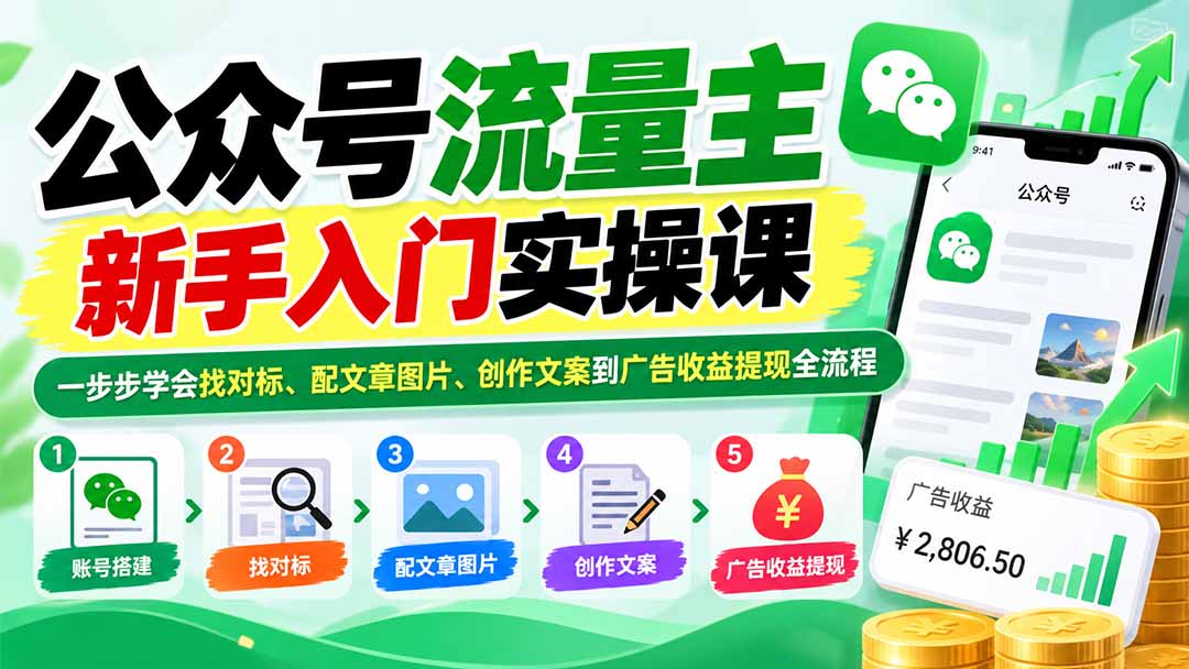 (20816期)公众号流量主新手入门实操课:一步步学会找对标、配文章图片、创作文案到广告收益提现全流程