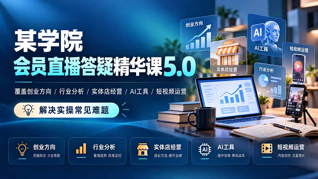 (21097期)某学院会员直播答疑精华课5.0:覆盖创业方向、行业分析、实体店经营、AI工具和短视频运营,解决实操常见难题!