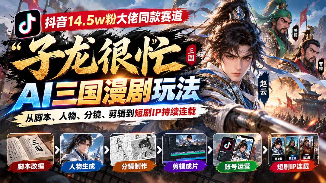 (20818期)抖音14.5w粉大佬同款赛道「子龙很忙」AI三国漫剧玩法:从脚本、人物、分镜、剪辑到短剧IP持续连载
