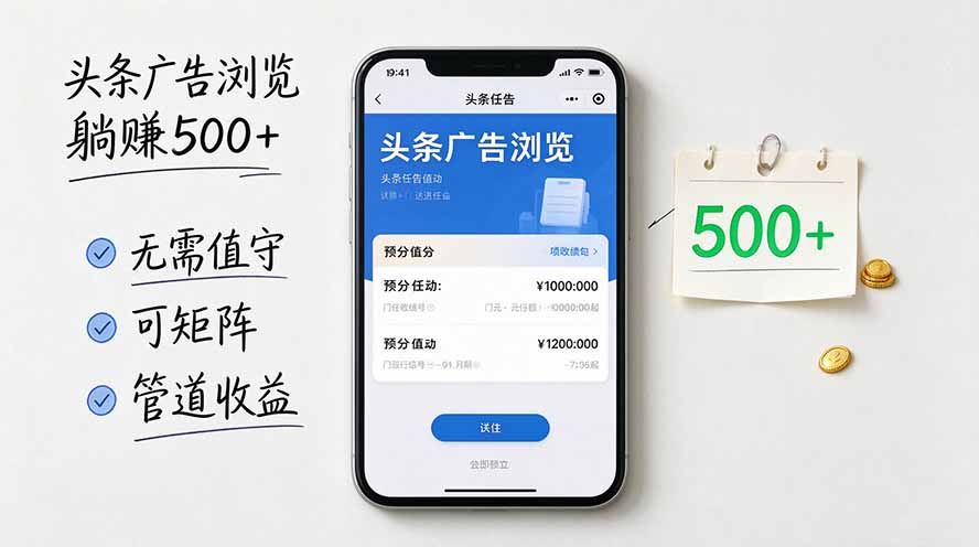 (20835期)头条广告浏览躺赚500+无需值守,可矩阵并附有管道收益