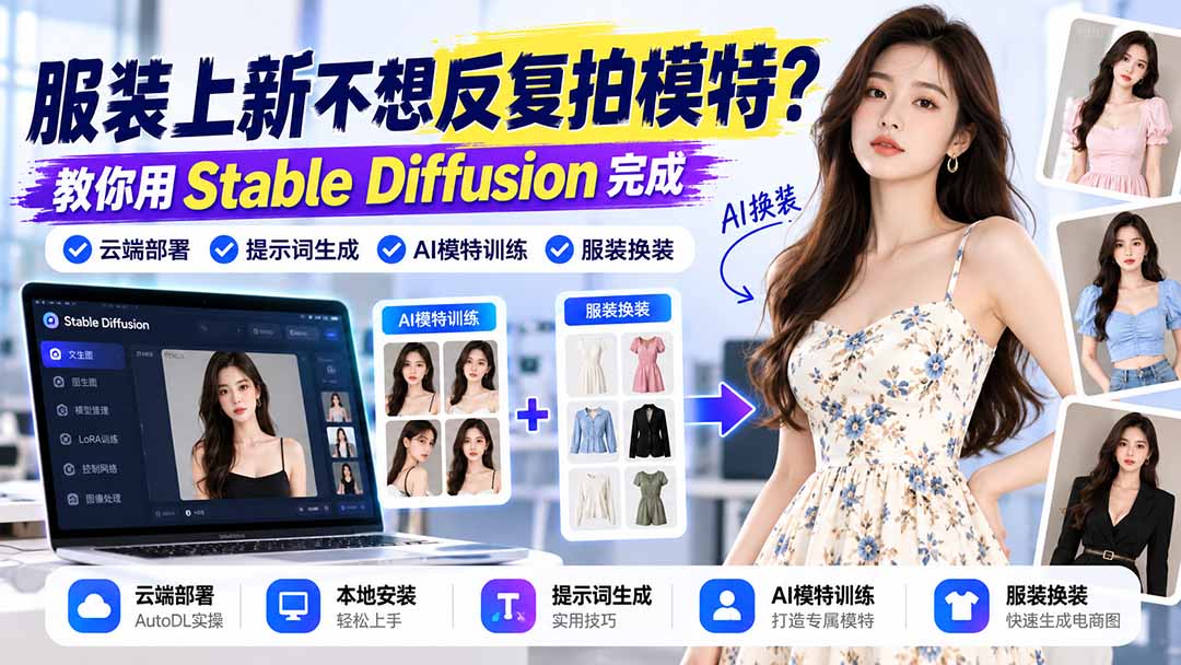 (21099期)服装上新不想反复拍模特?教你用Stable Diffusion完成云端部署、提示词生成、AI模特训练与换装