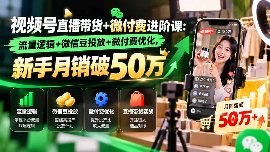 (20886期)视频号直播带货+微付费进阶课-更新1010:流量逻辑+微信豆投放+微付费优化,新手月销破50万