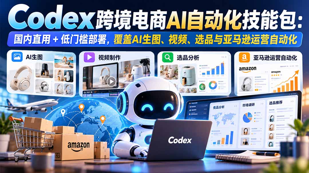 （20752期）【无水印】Codex跨境电商AI自动化技能包：国内直用+低门槛部署，覆盖AI生图、视频、选品与亚马逊运营自动化