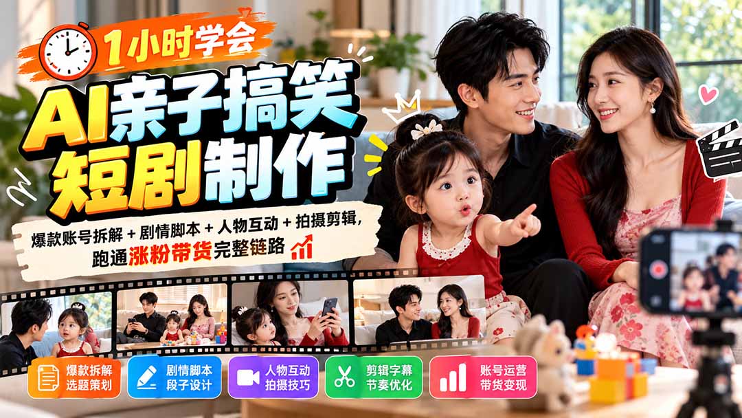 (20807期)1小时学会AI亲子搞笑短剧制作:爆款账号拆解+剧情脚本+人物互动+拍摄剪辑,跑通涨粉带货完整链路