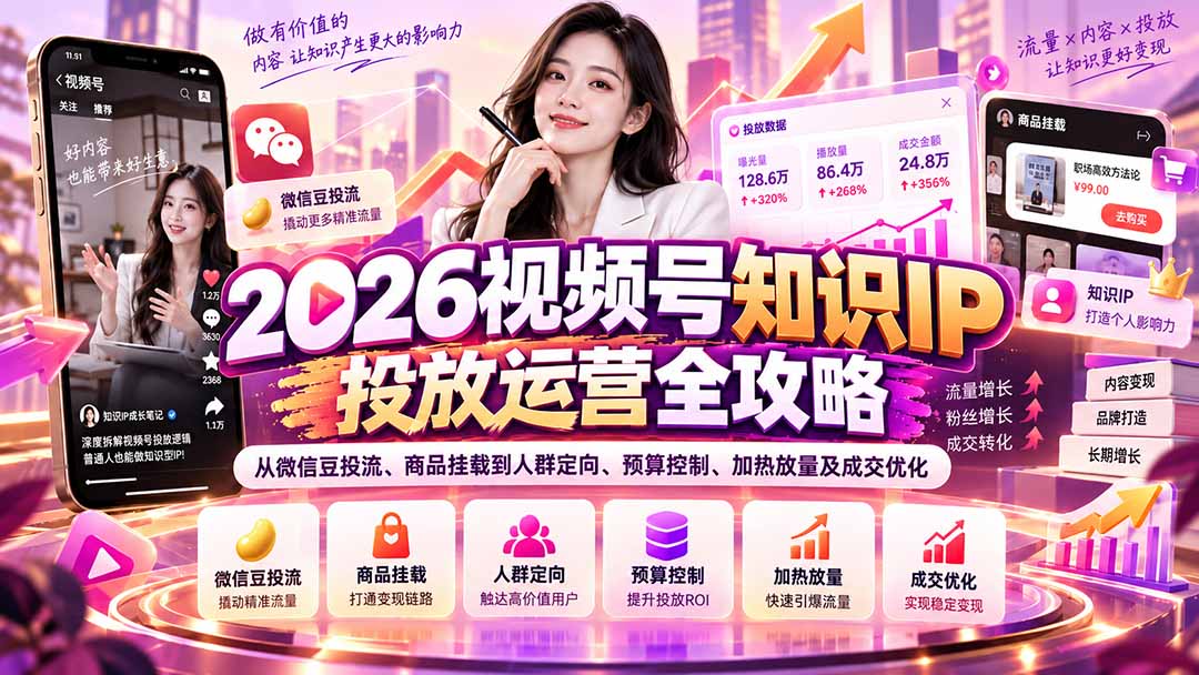 (20860期)2026视频号知识IP投放运营全攻略:从微信豆投流、商品挂载到人群定向、预算控制、加热放量及成交优化