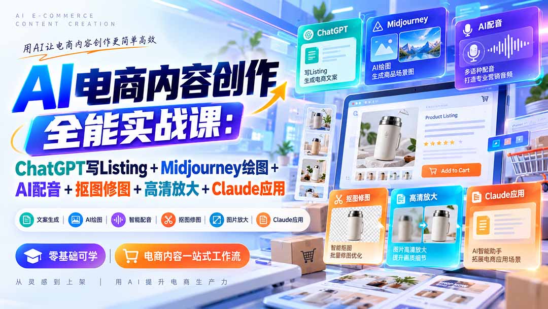 （20770期）【无水印】AI电商内容创作全能实战课：ChatGPT写Listing+Midjourney绘图+AI配音+抠图修图+高清放大+Claude应用
