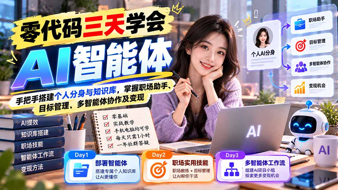 （20978期）【无水印】零代码三天学会AI智能体：手把手搭建个人分身与知识库，掌握职场助手、目标管理、多智能体协作及变现