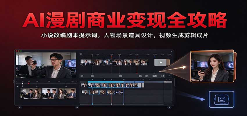 AI漫剧商业变现全攻略：小说改编剧本提示词，人物场景道具设计，视频生成剪辑成片