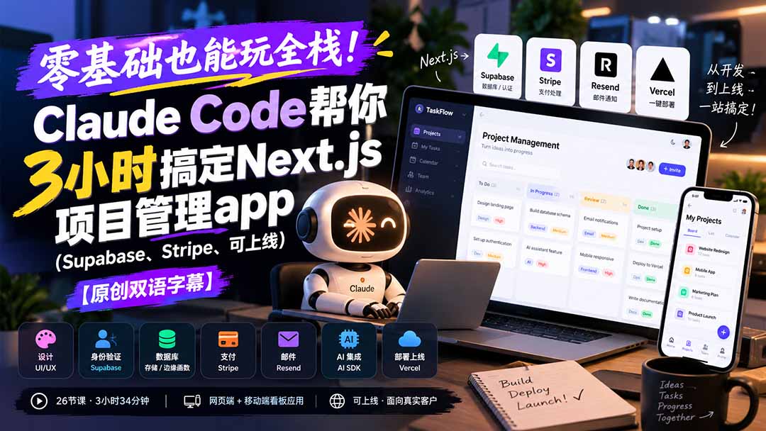 (20907期)零基础也能玩全栈!Claude Code帮你3小时搞定Next.js项目管理app(Supabase、Stripe、可上线)【原创双语字幕】