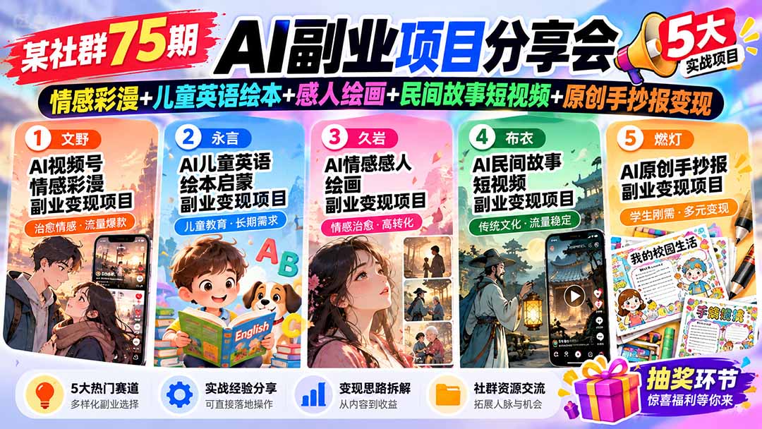 (20874期)某社群75期AI副业项目分享会:情感彩漫+儿童英语绘本+感人绘画+民间故事短视频+原创手抄报变现