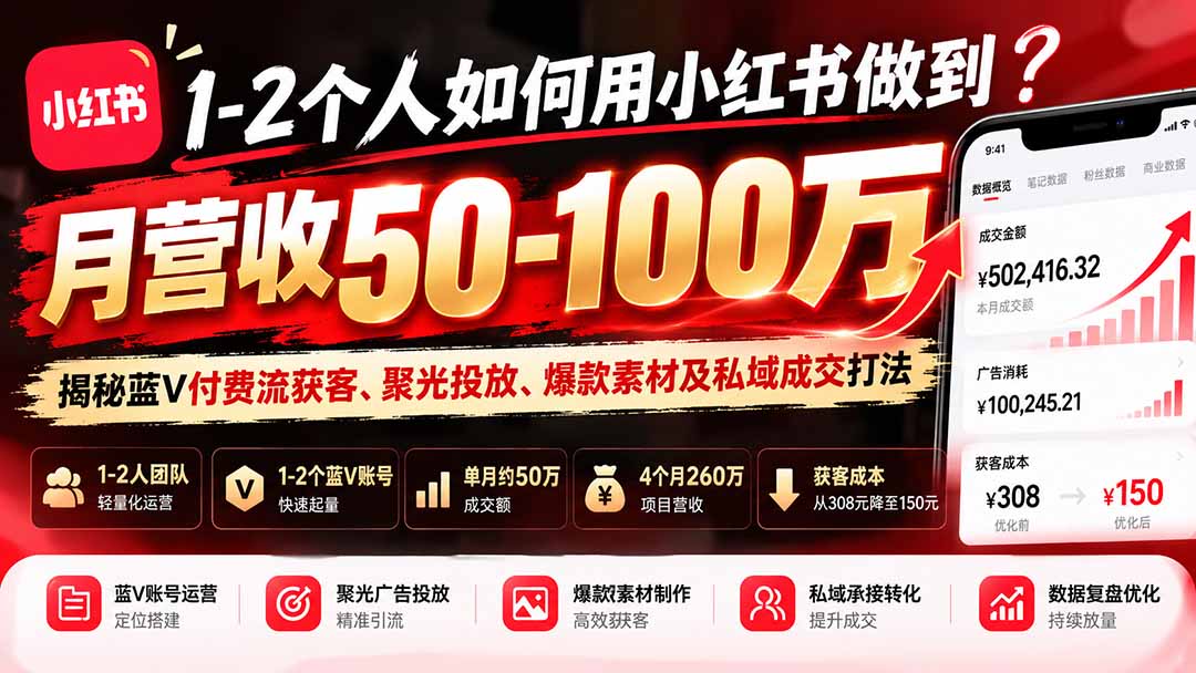 （20939期）1-2个人如何用小红书做到月营收50-100万？揭秘蓝V付费流获客、聚光投放、爆款素材及私域成交打法