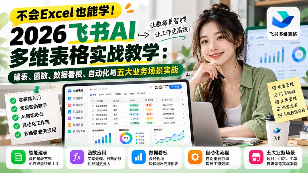 （21153期）不会Excel也能学！2026飞书AI多维表格实战教学：建表、函数、数据看板、自动化与五大业务场景实战