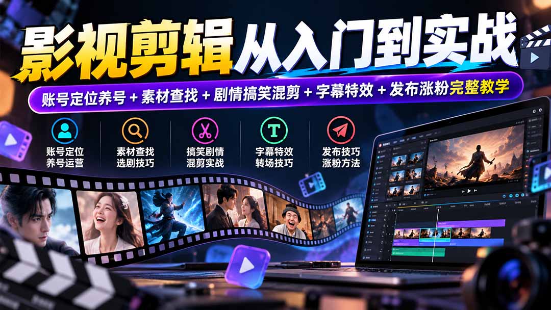 （20812期）影视剪辑从入门到实战：账号定位养号+素材查找+剧情搞笑混剪+字幕特效+发布涨粉完整教学