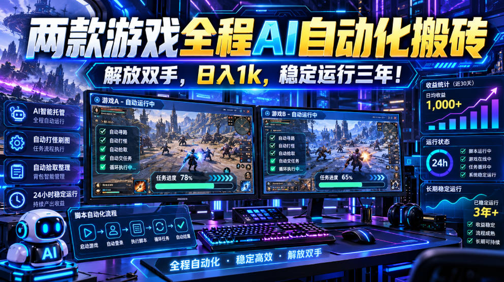 （21236期）两款游戏全程AI自动化搬砖，解放双手，日入1k，稳定运行三年！