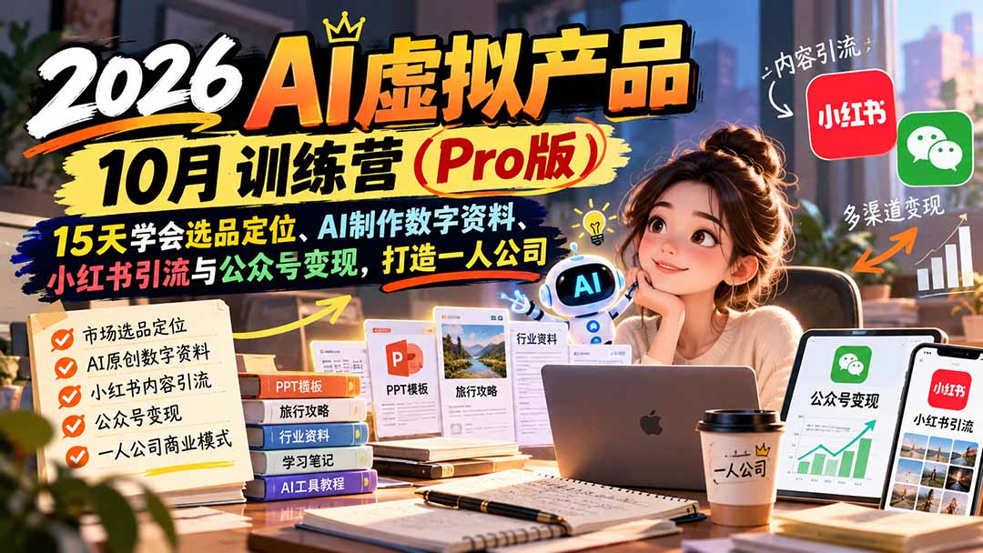 (21054期)2026AI虚拟产品10月训练营(Pro版):15天学会选品定位、AI制作数字资料、小红书引流与公众号变现,打造一人公司