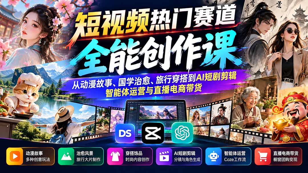 (20956期)短视频热门赛道全能创作课:从动漫故事、国学治愈、旅行穿搭到AI短剧剪辑、智能体运营与直播电商带货