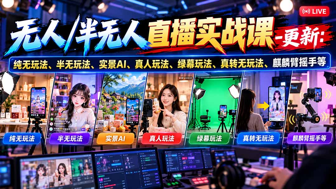 (21072期)无人/半无人直播实战课-10月20更新:纯无玩法、半无玩法、实景AI、真人玩法、绿幕玩法、真转无玩法、麒麟臂摇手等