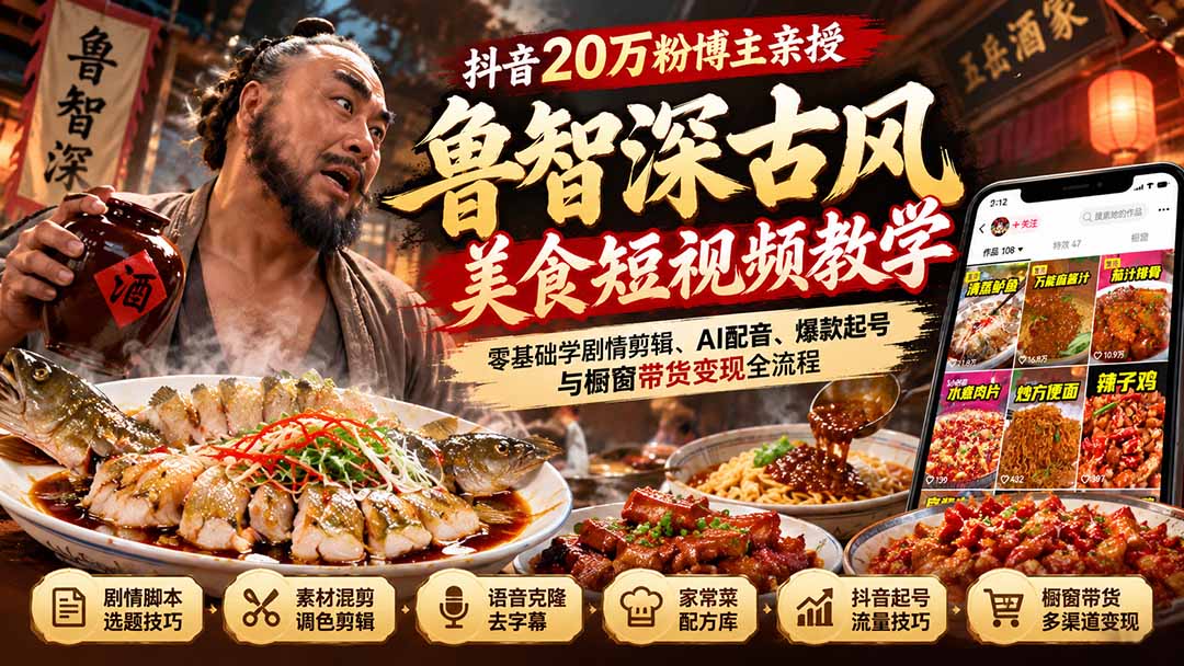 (21285期)抖音20万粉博主亲授鲁智深古风美食玩法:零基础学剧情剪辑、AI配音、爆款起号与橱窗带货变现全流程
