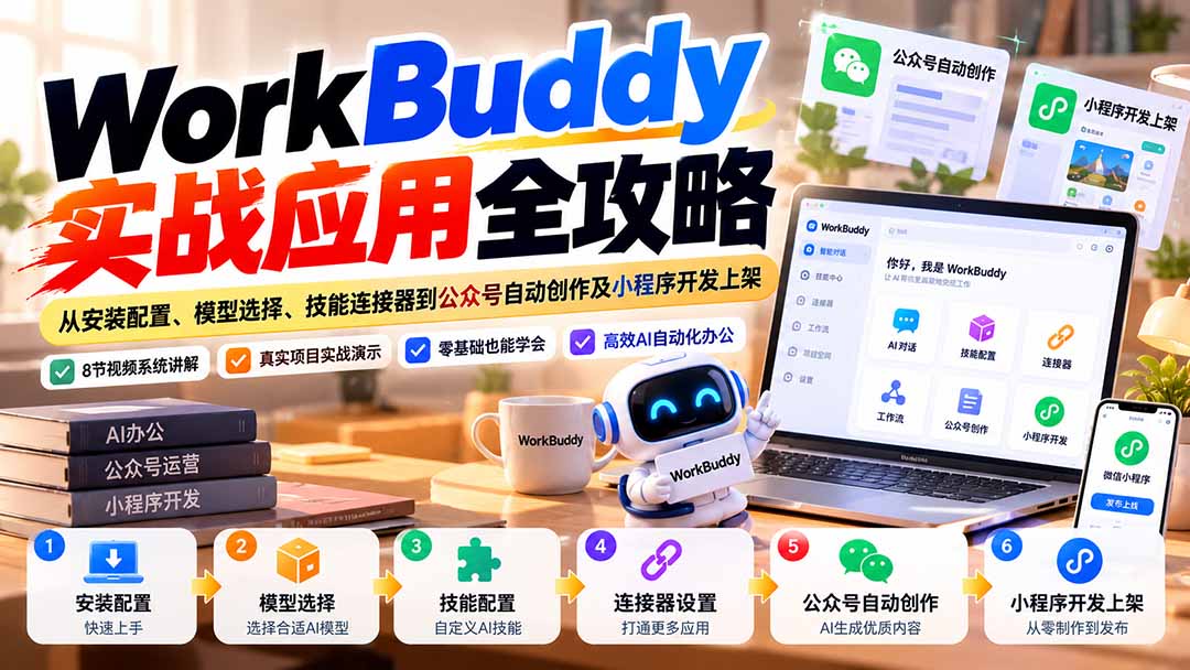 (21093期)WorkBuddy 实战应用全攻略:从安装配置、模型选择、技能连接器到公众号自动创作及小程序开发上架